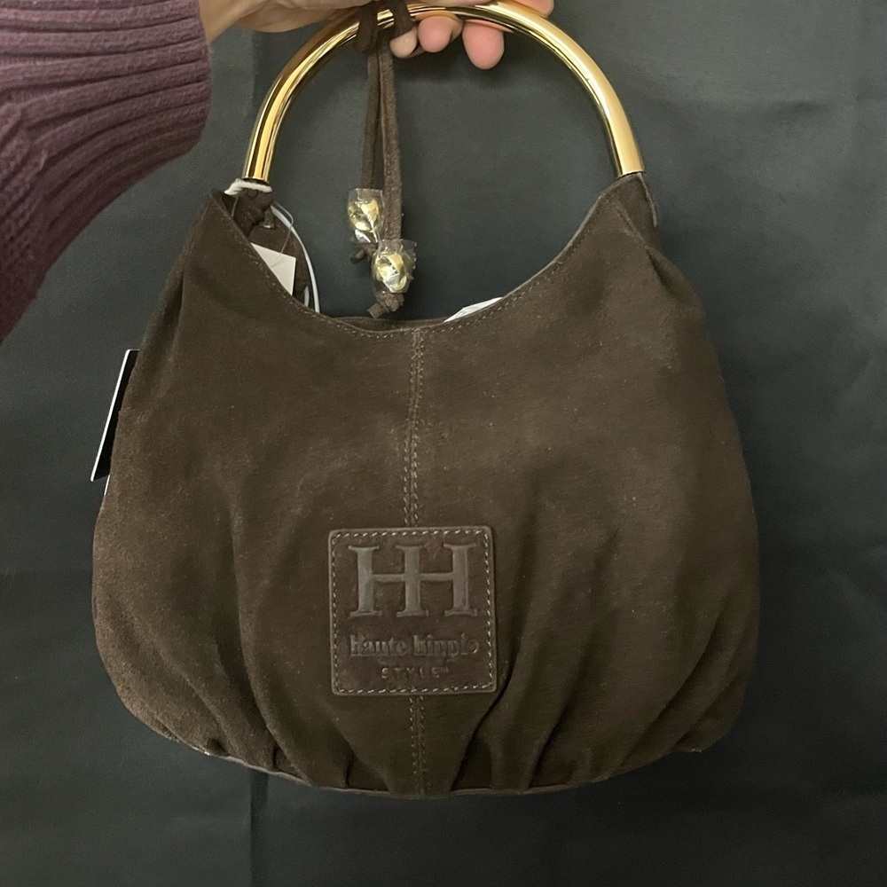 NWT Haute Hippie Dark Brown Suede Shoulder Bag with Gold Handle